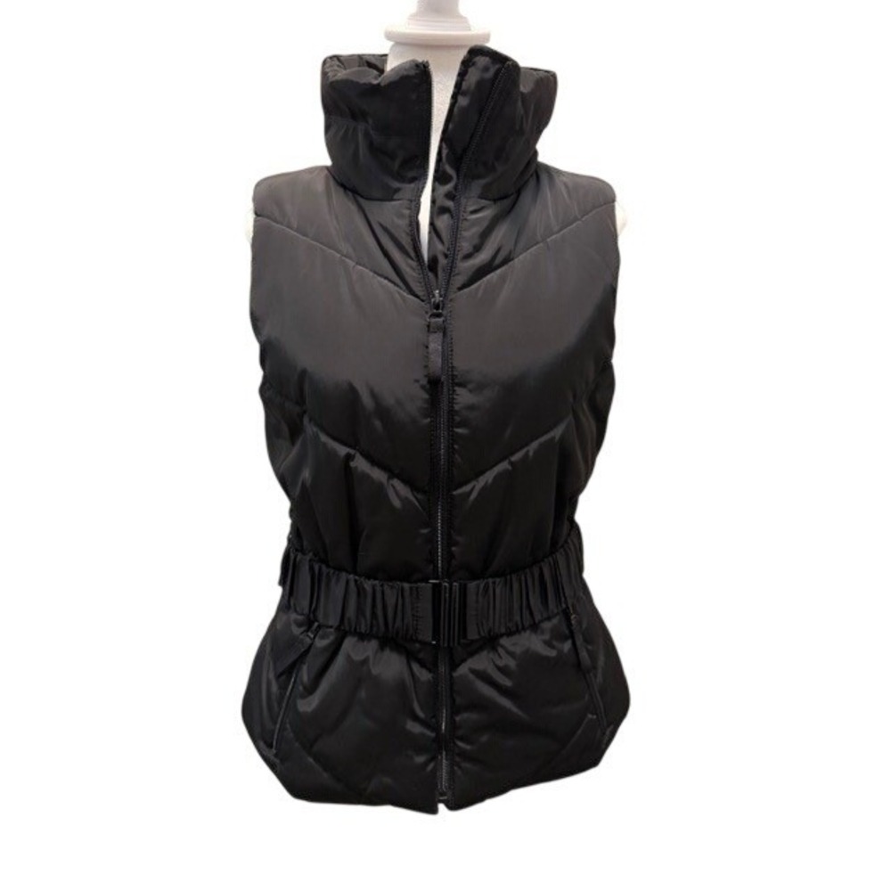Zara Womens L Black Quilted Puffer Vest Belted Funnel Neck Zip 7901/221